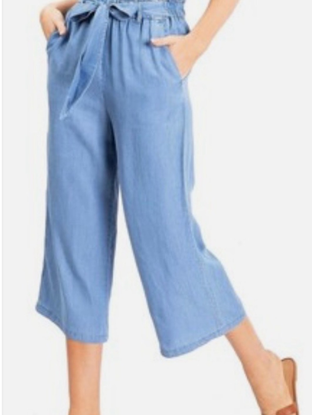 Love Tree Slate Blue Wide-Leg Paperbag Waist Culotte crop Pants - Picture 3 of 9